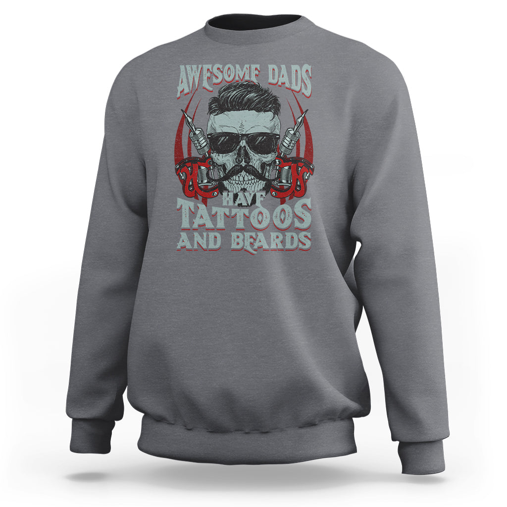 Charcoal gray crewneck sweatshirt with bearded skull graphic and tattoos & beards text