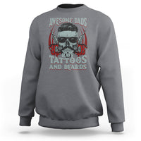Charcoal gray crewneck sweatshirt with bearded skull graphic and tattoos & beards text