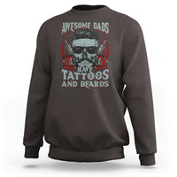 Dark chocolate brown crewneck sweatshirt with bearded skull graphic and tattoos & beards text