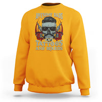 Gold yellow crewneck sweatshirt with bearded skull graphic and tattoos & beards text