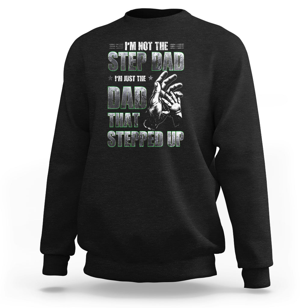 Black crewneck sweatshirt with colorful "Step Dad" text and hand graphic print