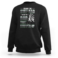 Black crewneck sweatshirt with colorful "Step Dad" text and hand graphic print