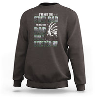 Dark brown crewneck sweatshirt with colorful "Step Dad" text and hand graphic print
