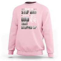 Light pink crewneck sweatshirt with colorful "Step Dad" text and hand graphic print