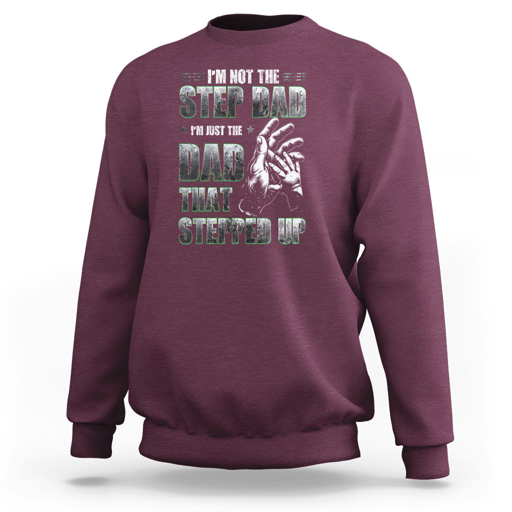 Maroon crewneck sweatshirt with colorful "Step Dad" text and hand graphic print