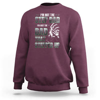 Maroon crewneck sweatshirt with colorful "Step Dad" text and hand graphic print