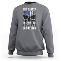 Charcoal crewneck sweatshirt with “One Badass Bonus Dad” skull graphic on back