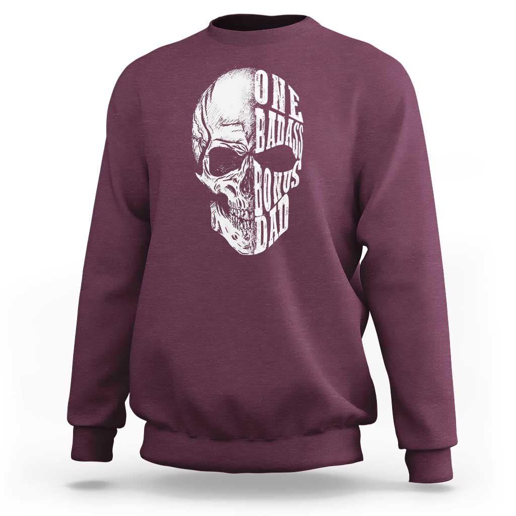 Maroon crewneck sweatshirt with white skull graphic on back