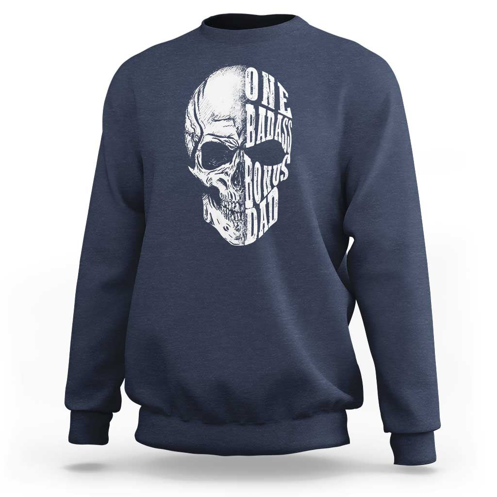 Navy crewneck sweatshirt with white skull graphic on back