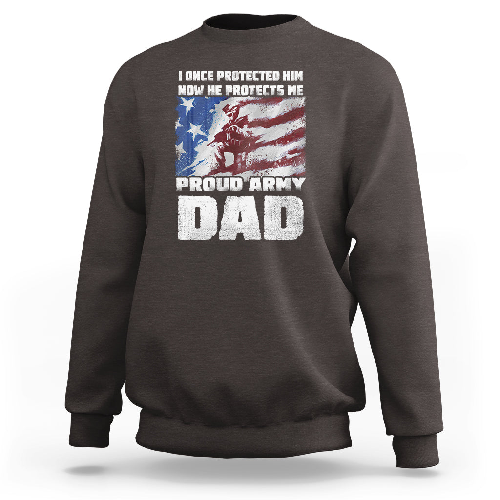 Men's dark brown sweatshirt with front 'Proud Army Dad' graphic, crew neck, long sleeves