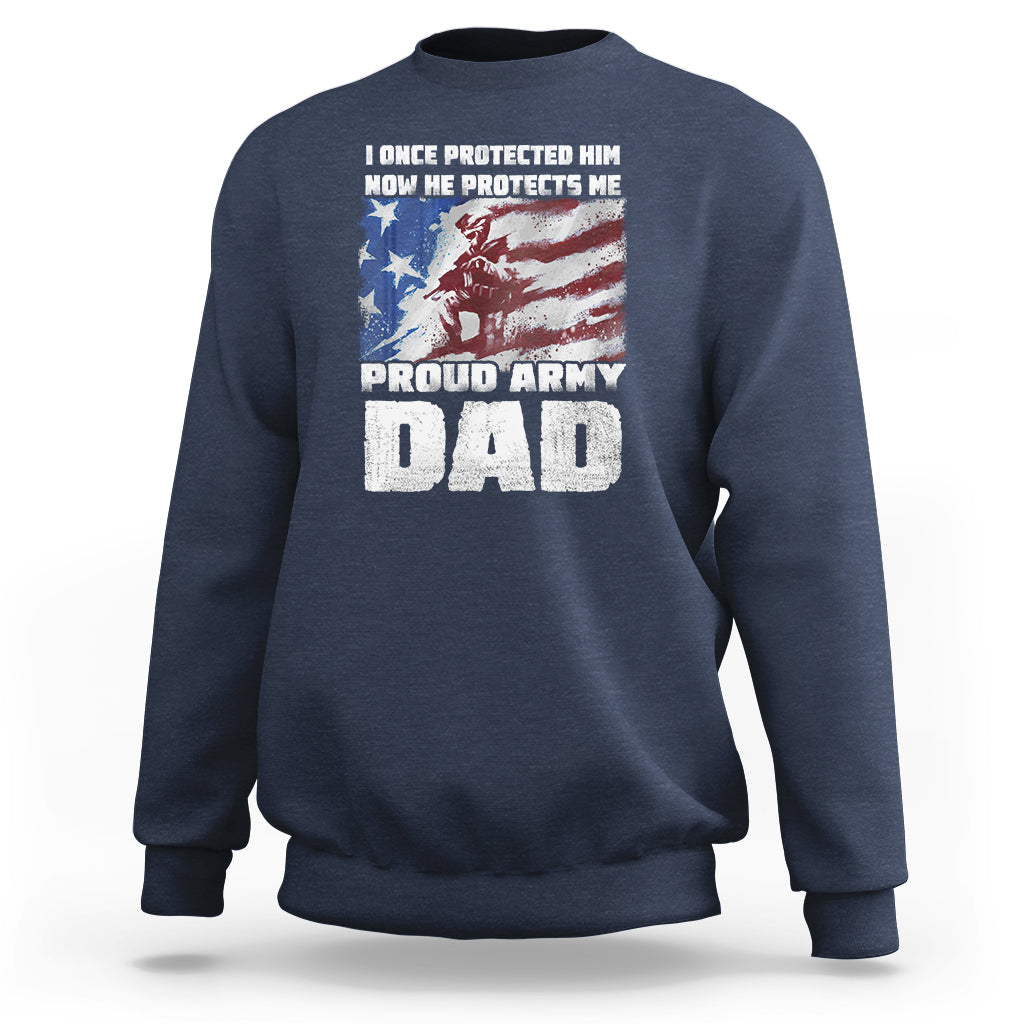 Men's steel blue sweatshirt with 'Proud Army Dad' graphic on chest, crew neck, long sleeves