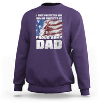 Men's purple sweatshirt with front 'Proud Army Dad' graphic, crew neck, long sleeves