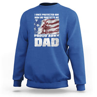 Men's blue sweatshirt with front 'Proud Army Dad' graphic, crew neck, long sleeves