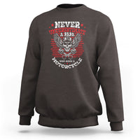 Charcoal motorcycle graphic sweatshirt with skull eagle emblem and striped 'Never Underestimate'