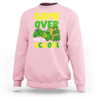 Light pink crewneck sweatshirt with “GAME OVER” and game-themed “BACK TO SCHOOL” graphic