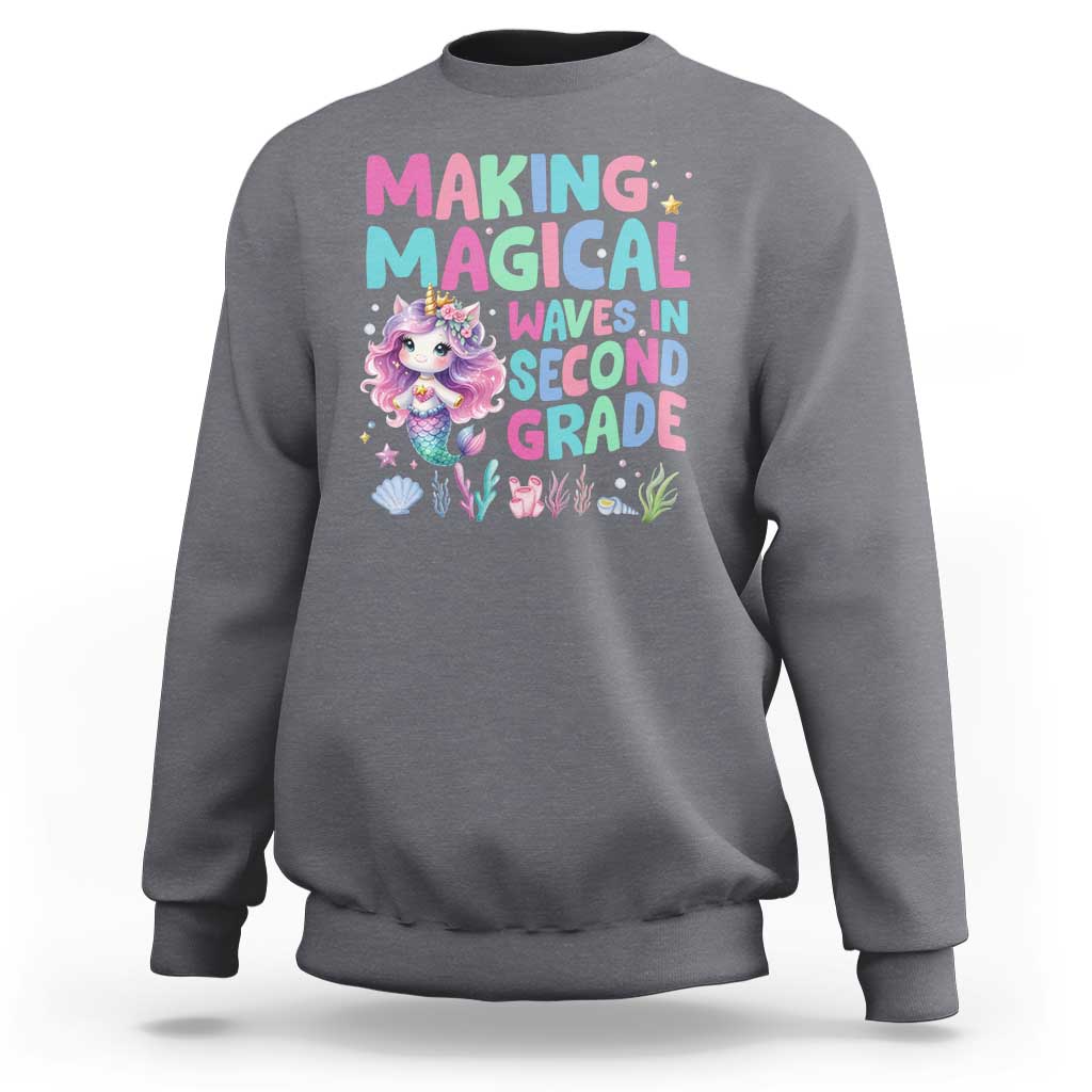 Charcoal gray mermaid unicorn sweatshirt with Magical Waves in Second Grade graphic