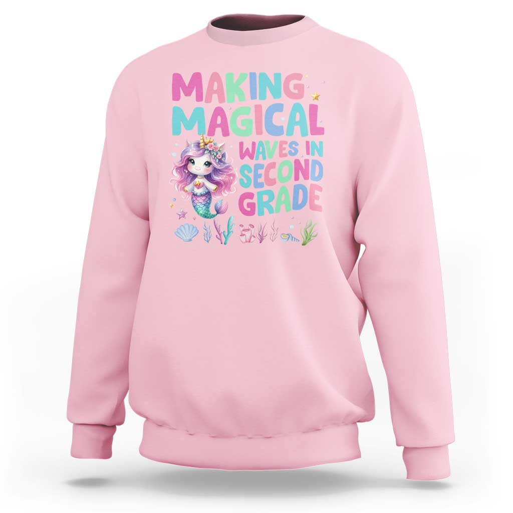 Light pink mermaid unicorn sweatshirt with Magical Waves in Second Grade graphic