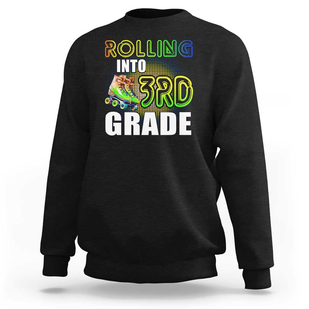 Black kids sweatshirt with "Rolling Into 3rd Grade" roller skates front graphic