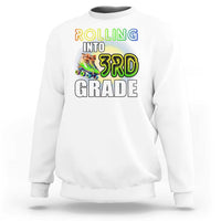 White kids sweatshirt with "Rolling Into 3rd Grade" roller skates front graphic