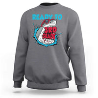 Heather gray sweatshirt with teal “Ready to 3rd Grade” shark graphic on the front