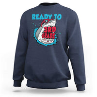 Blue sweatshirt with teal “Ready to 3rd Grade” shark graphic on the front