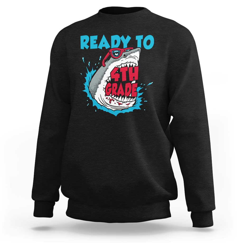 Black crewneck long-sleeve sweatshirt with shark "READY TO 4TH GRADE" graphic.