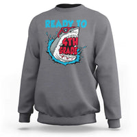 Charcoal gray crewneck long-sleeve sweatshirt with shark "READY TO 4TH GRADE" graphic.