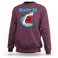 Maroon crewneck long-sleeve sweatshirt with shark "READY TO 4TH GRADE" graphic.