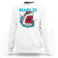 White crewneck long-sleeve sweatshirt with shark "READY TO 4TH GRADE" graphic.