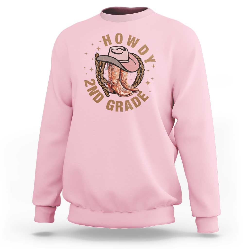Light pink cowboy sweatshirt with 'Howdy 2nd Grade' graphic and long sleeves