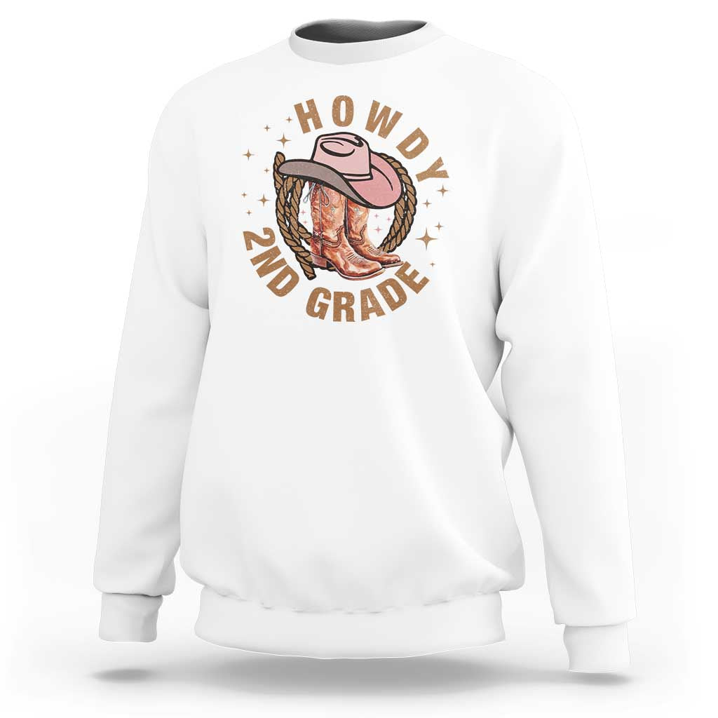 White cowboy sweatshirt with 'Howdy 2nd Grade' graphic and long sleeves