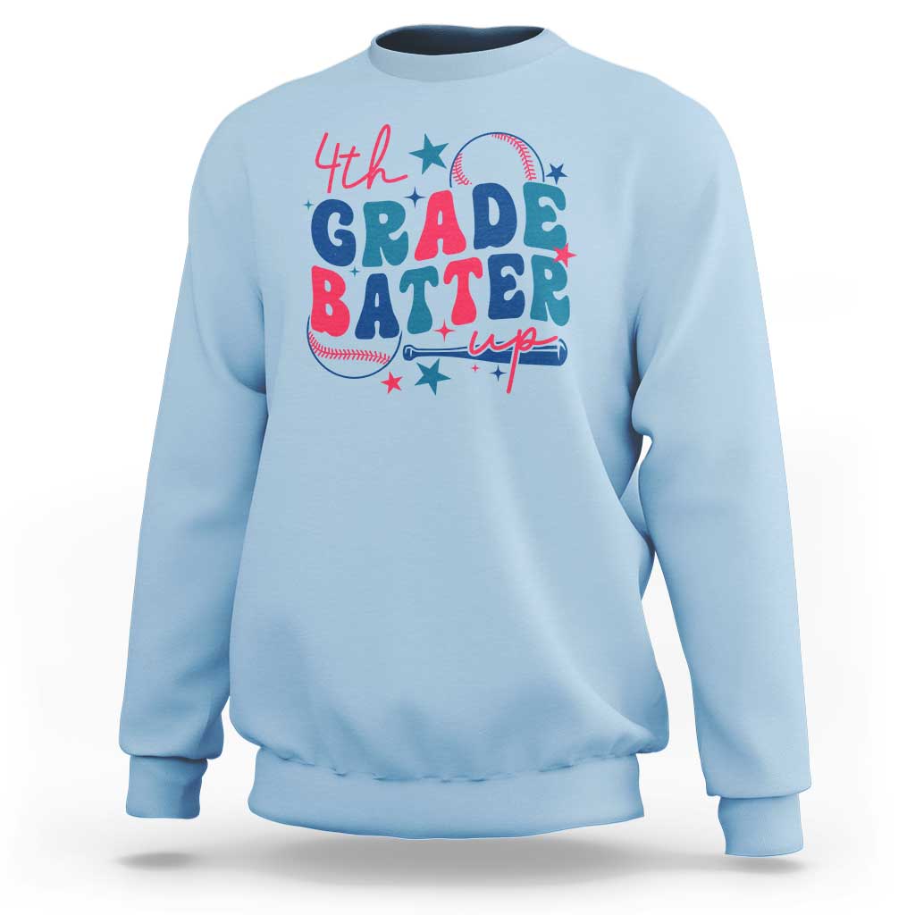 Light blue crewneck sweatshirt with "4th Grade Batter Up" baseball graphic