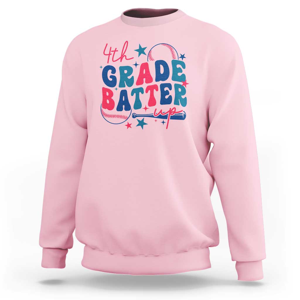 Light pink crewneck sweatshirt with "4th Grade Batter Up" baseball graphic
