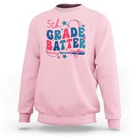 Light pink sweatshirt with colorful “5th Grade Batter Up” baseball graphic, crew neck