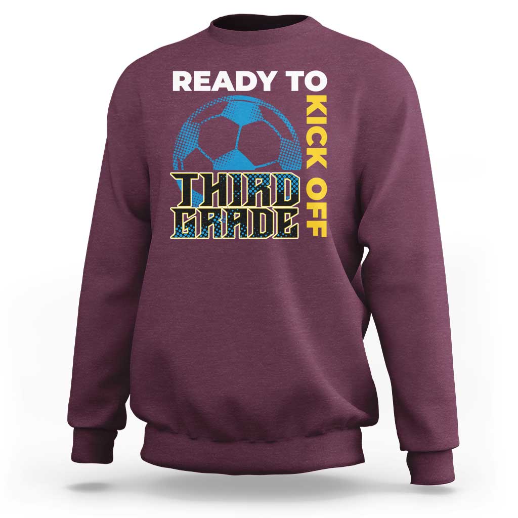 Third grade soccer sweatshirt in maroon with “Ready to Kick Off” soccer graphic