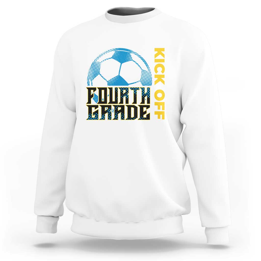 White soccer sweatshirt with 'READY TO' and 'KICK OFF' fourth grade graphic
