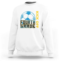 White soccer sweatshirt with 'READY TO' and 'KICK OFF' fourth grade graphic