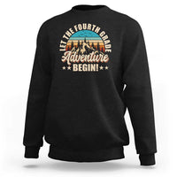 Black crewneck sweatshirt with front “Adventure Begin” graphic and animal illustration.