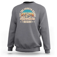 Charcoal crewneck sweatshirt with front “Adventure Begin” graphic and animal illustration.