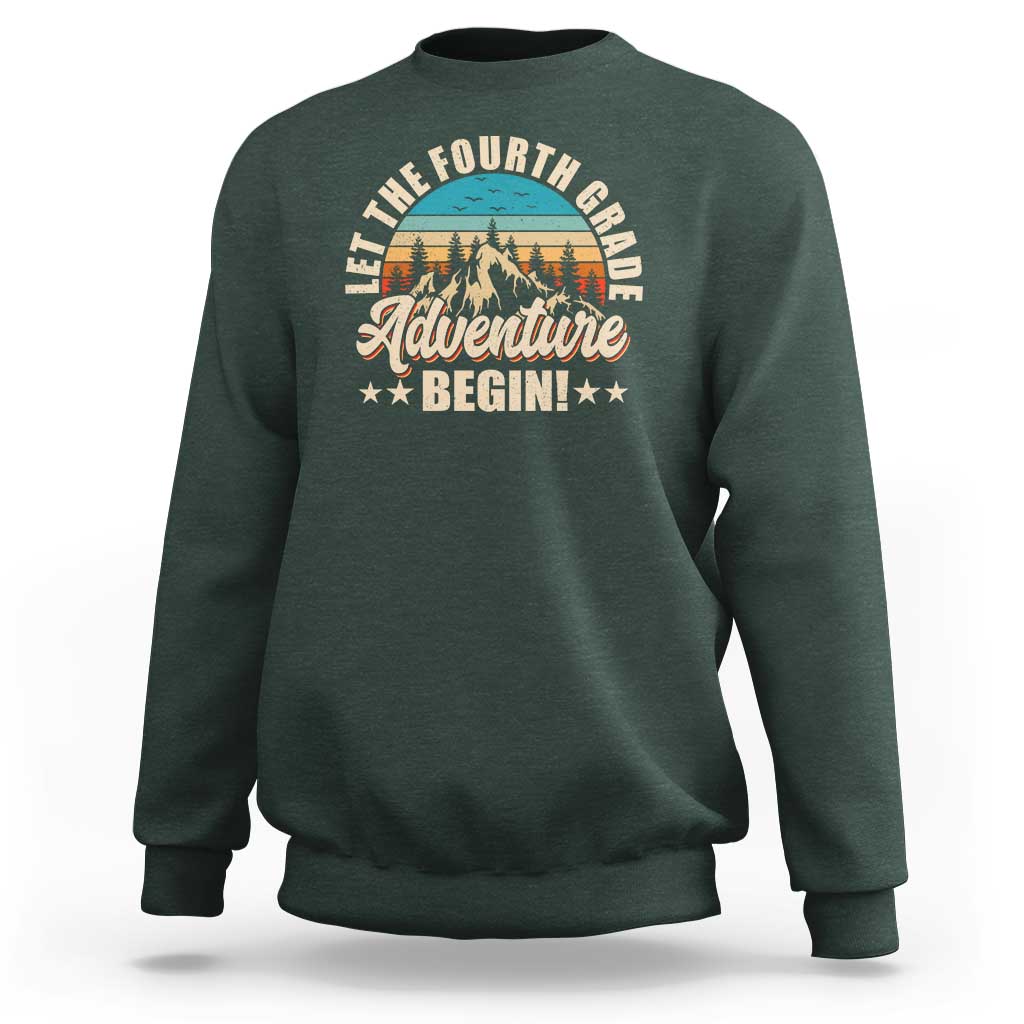 Dark forest green crewneck sweatshirt with front “Adventure Begin” graphic and animal illustration.