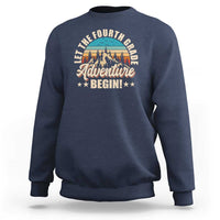 Navy crewneck sweatshirt with front “Adventure Begin” graphic and animal illustration.