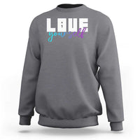 Charcoal gray sweatshirt with “Love yourself” graphic and semicolon on front