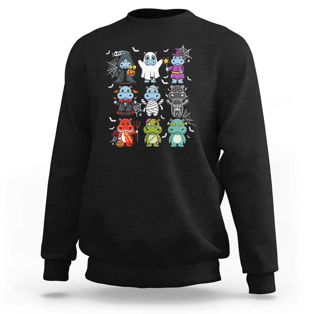 Black kids Halloween sweatshirt with cute cartoon hippo lineup graphic