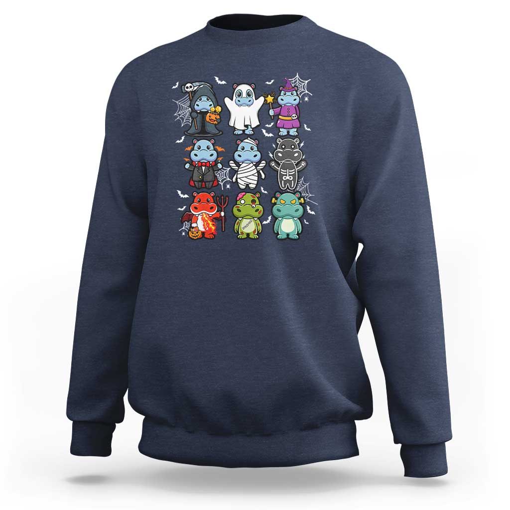 Navy kids Halloween sweatshirt with cute cartoon hippo lineup graphic