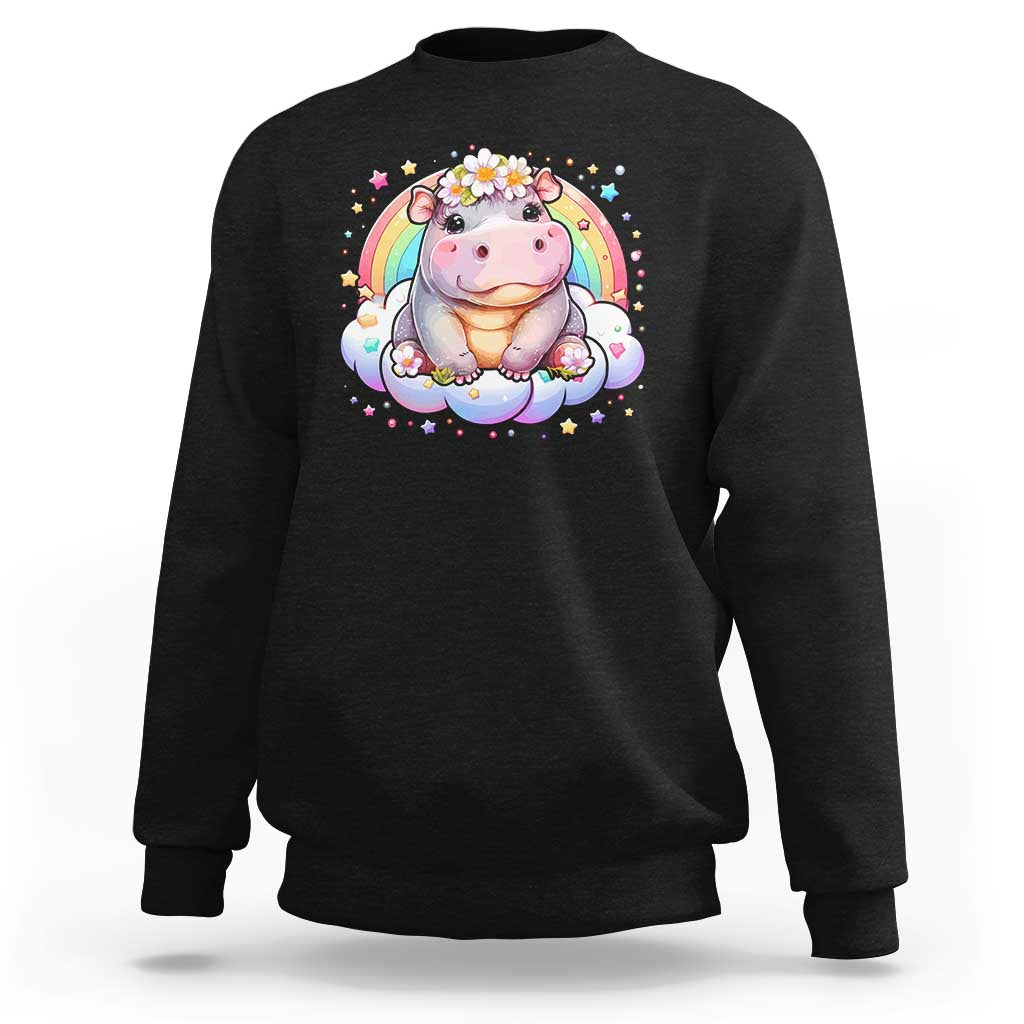 Black baby hippo sweatshirt with pastel rainbow and flower graphic on front