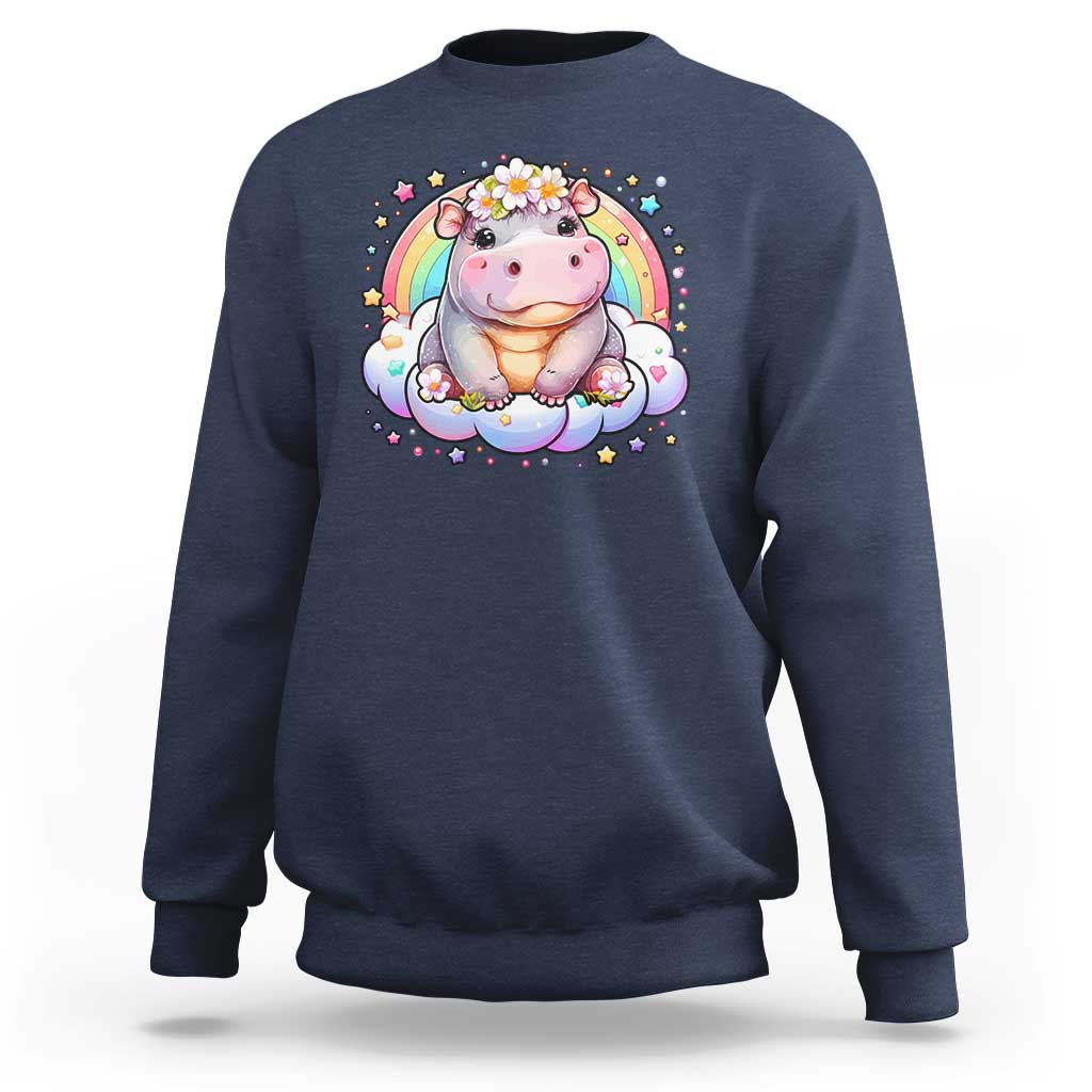 Navy baby hippo sweatshirt with pastel rainbow and flower graphic on front