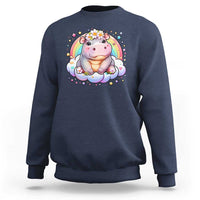 Navy baby hippo sweatshirt with pastel rainbow and flower graphic on front