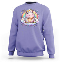 Lavender baby hippo sweatshirt with pastel rainbow and flower graphic on front