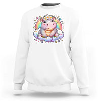 White baby hippo sweatshirt with pastel rainbow and flower graphic on front