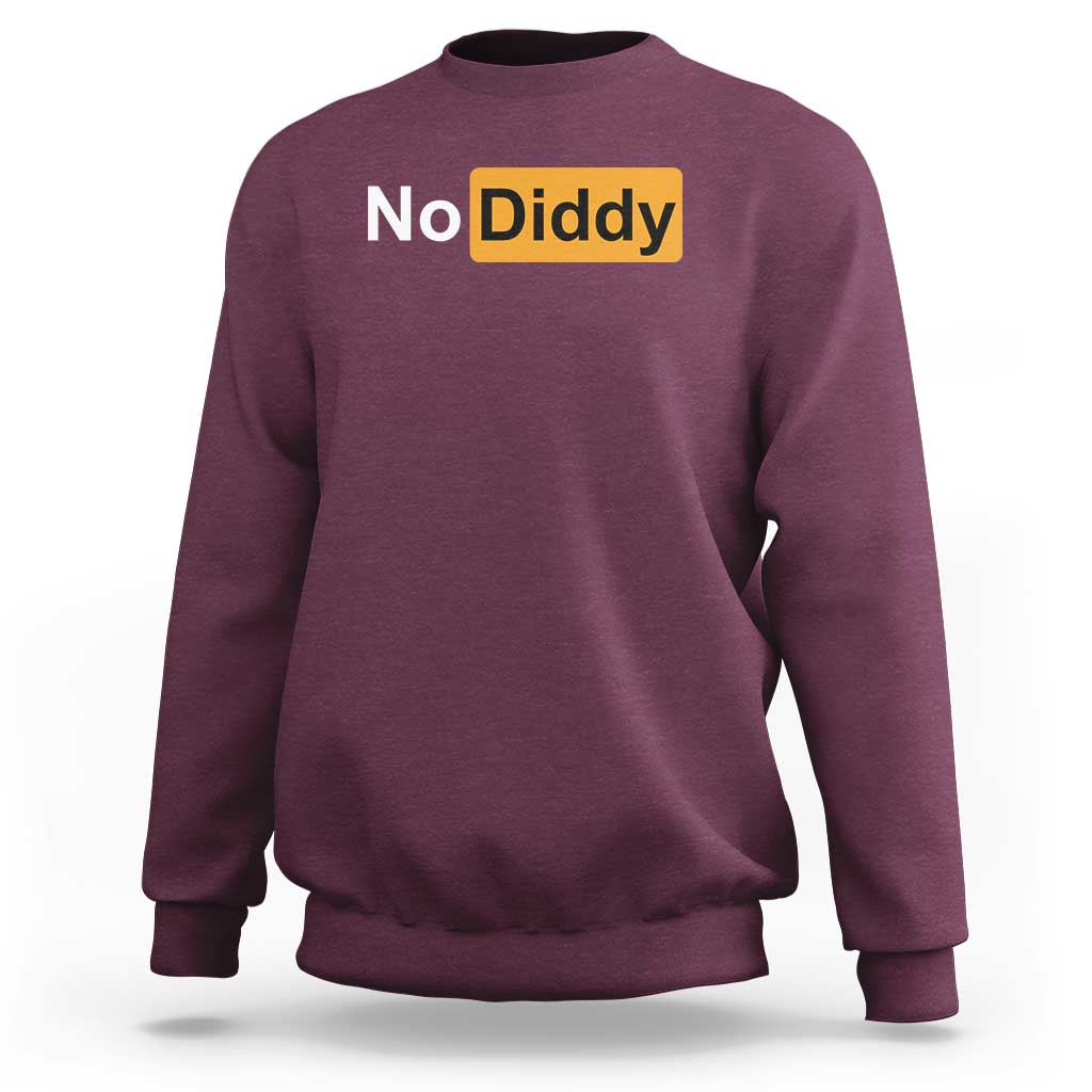 Maroon sweatshirt with “No Diddy” graphic on chest